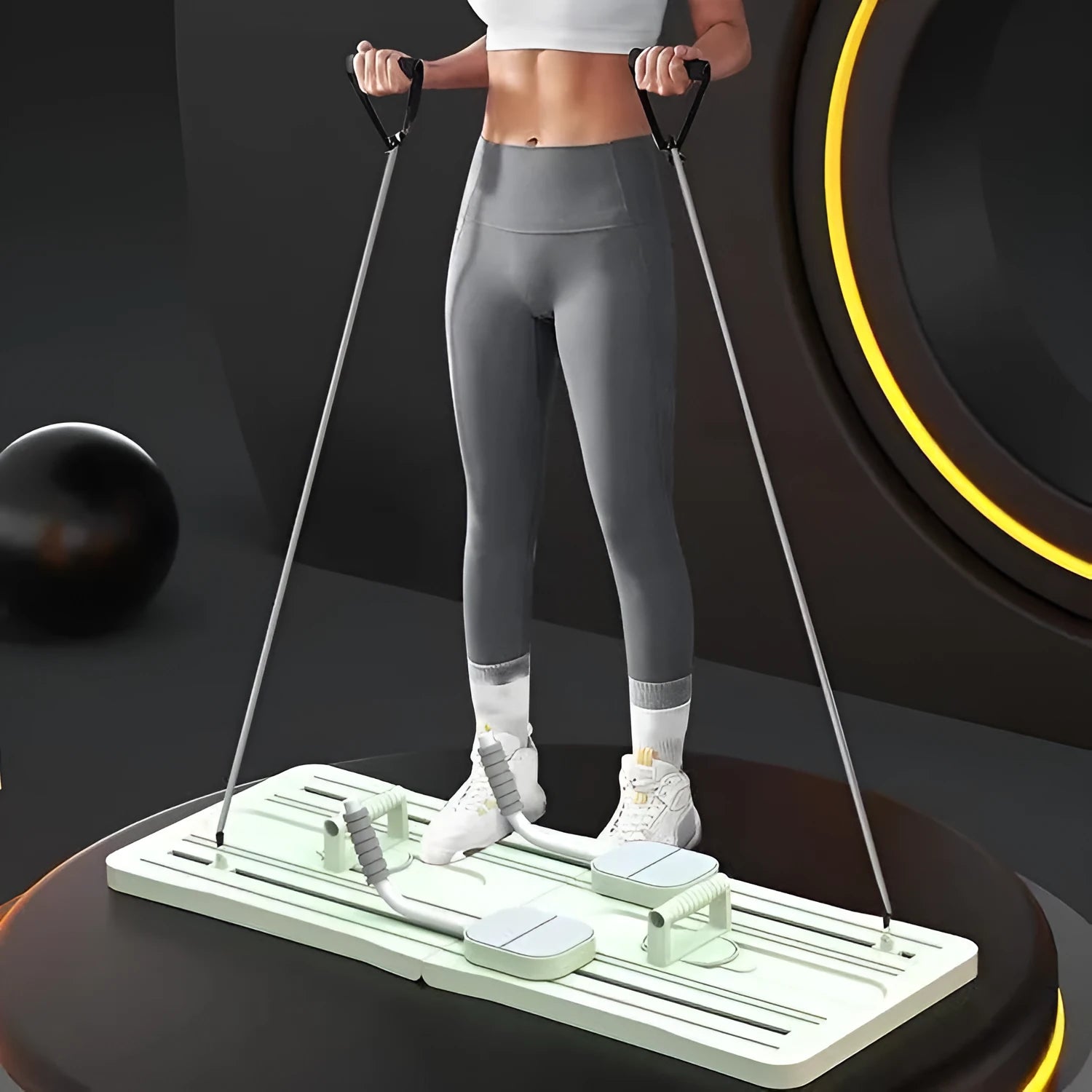 Portable foldable belly panel supine board for home fitness in purple, black, and pink colour options.