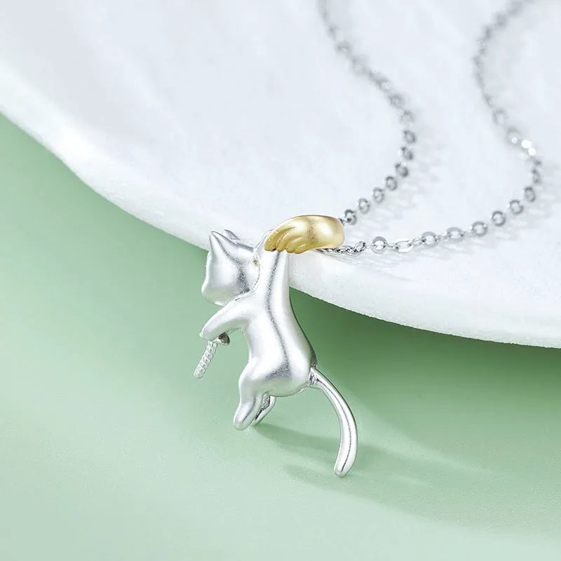 Niche design sterling silver clavicle chain necklace with a detailed cat pendant.