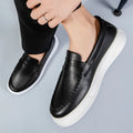 Men's British style casual leather-look shoes with round toe in white, black and white, and khaki colours