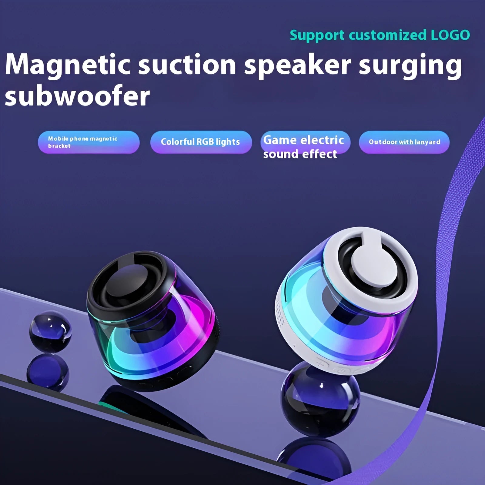 Black or white portable Bluetooth mini speaker with magnetic base and ambient light