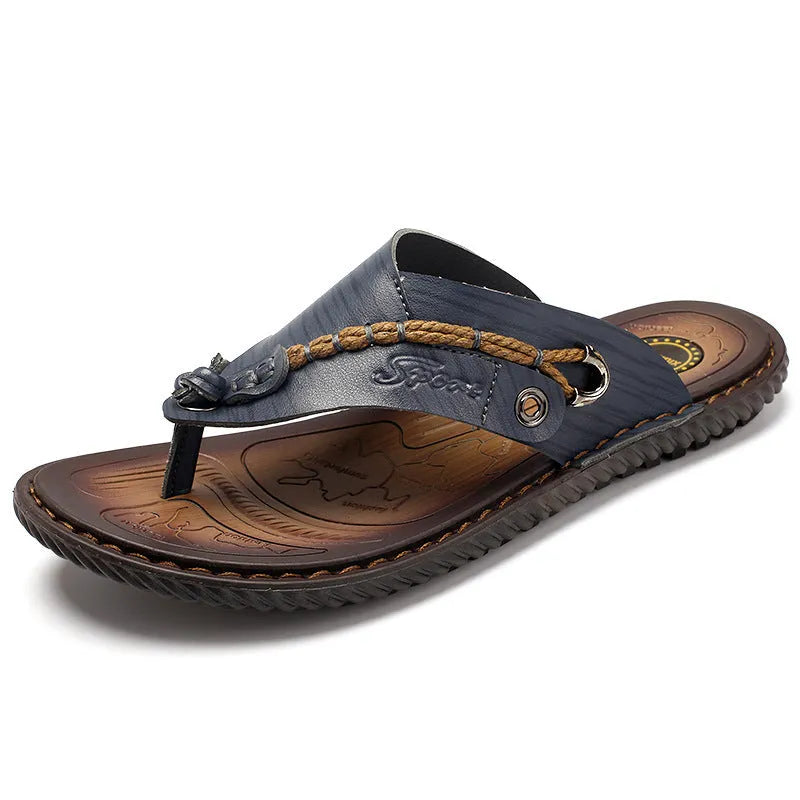 Men's non-slip lightweight slippers in PU leather, shown in black, blue, khaki, and light brown colours.