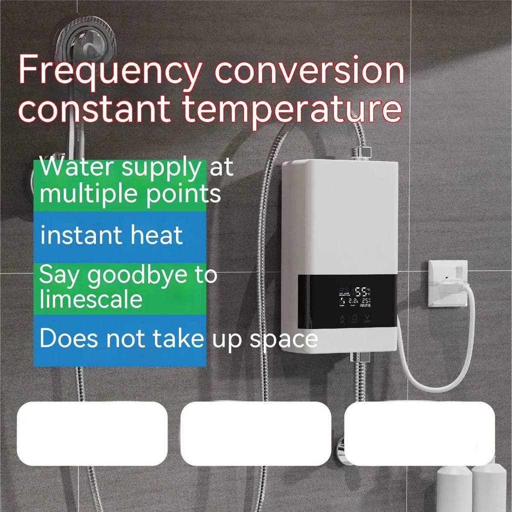 Small constant temperature water heater with LED touch screen display in gold, silver, or white finish