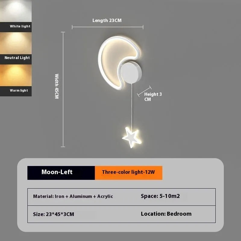 Children's bedside wall lamp with cloud and star design in black finish showing three-colour LED illumination