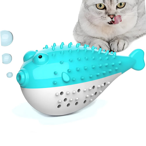 Blue silicone fish cat chew toy measuring 12.2cm for grabbing and teeth cleaning