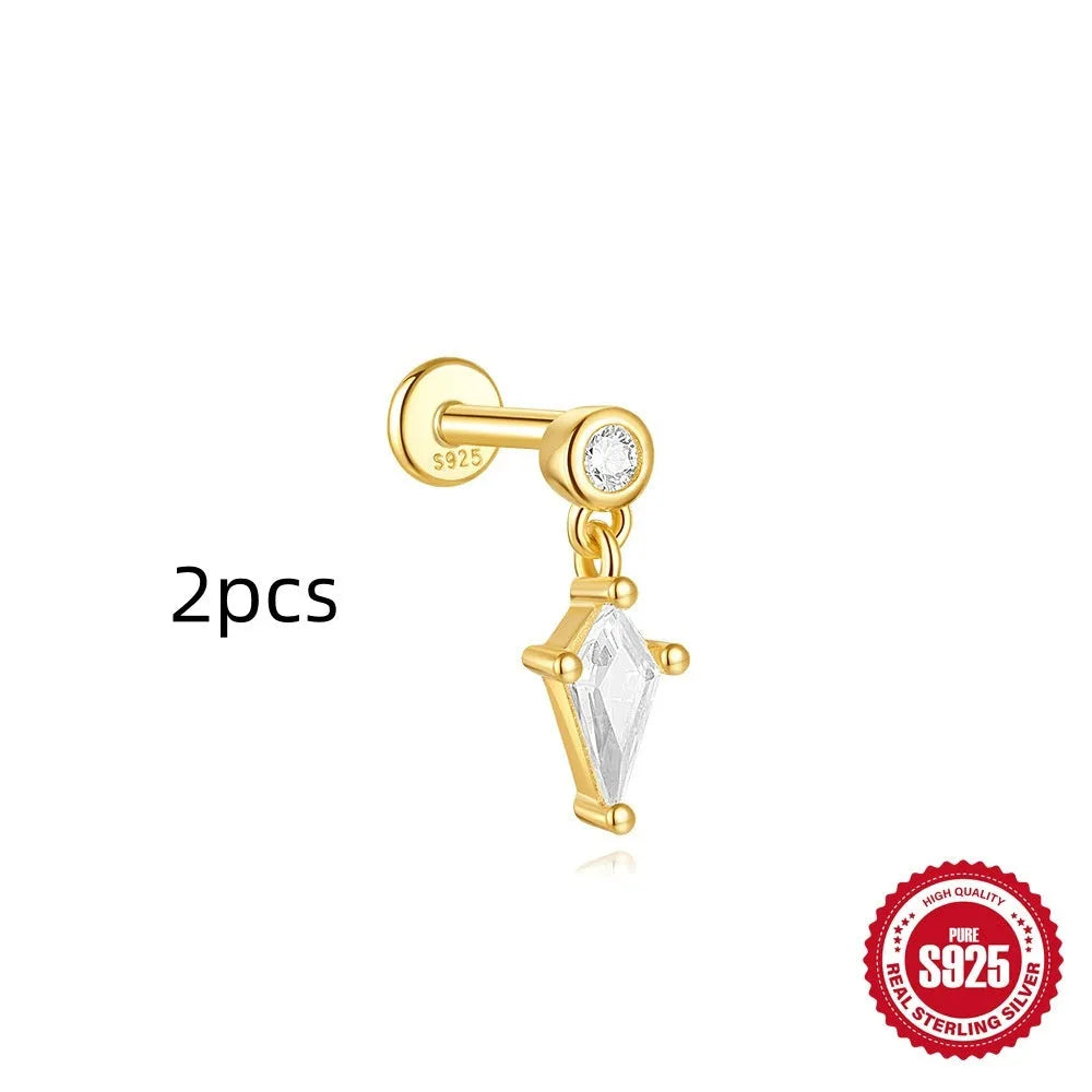 S925 sterling silver geometric kite-shaped earring with rhinestone chain tassel in a gold colour finish.