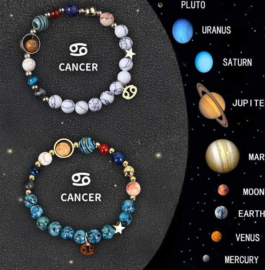 Two handmade natural stone beaded bracelets from a set of twelve zodiac sign designs.