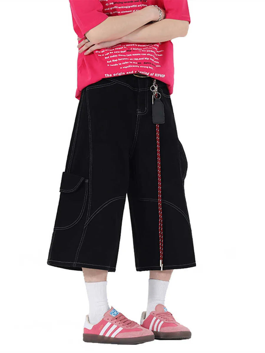 Retro denim workwear shorts with multiple pockets and wide leg trousers styling in black or red