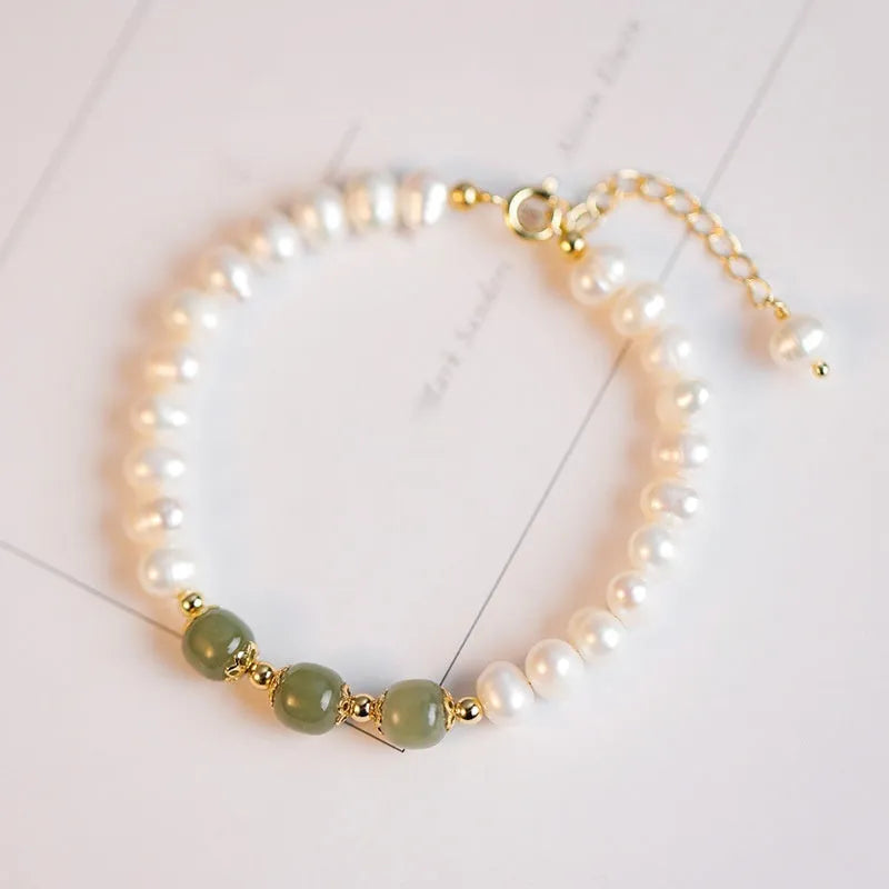 Diamond-shaped freshwater pearl bracelet in electroplated Hetian jade colour, Korean style design.