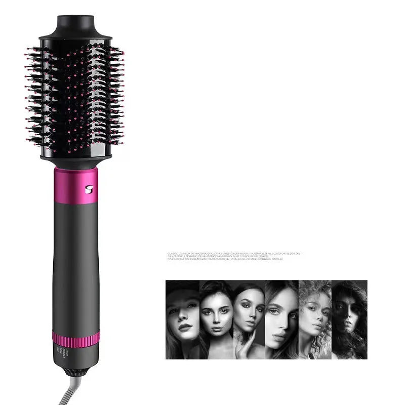 Dyson Grey coloured 5-in-1 hair dryer brush with multiple brush heads displayed beside the main unit.