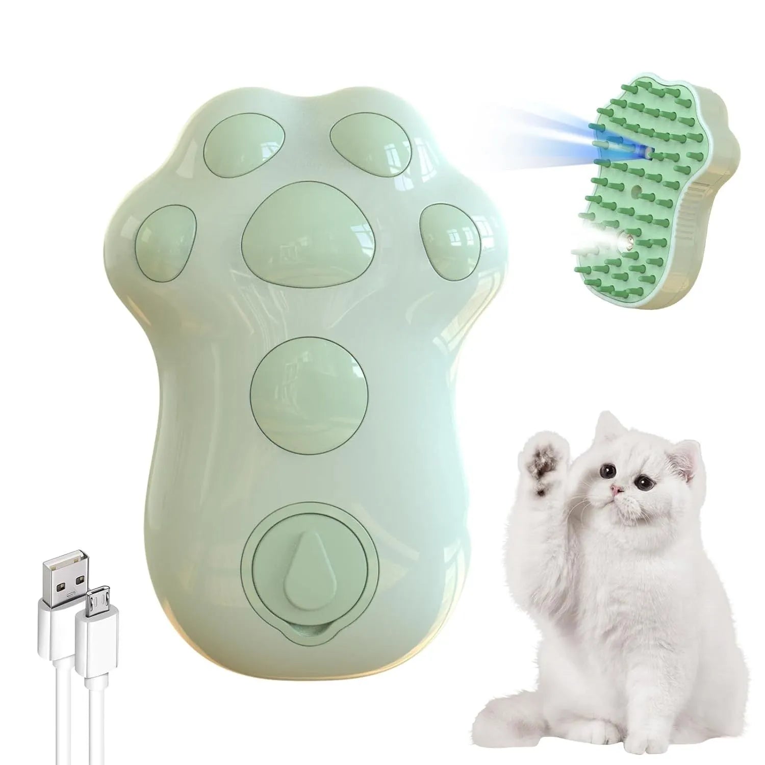 Blue self-cleaning pet steam brush with silicone bristles and spray function.