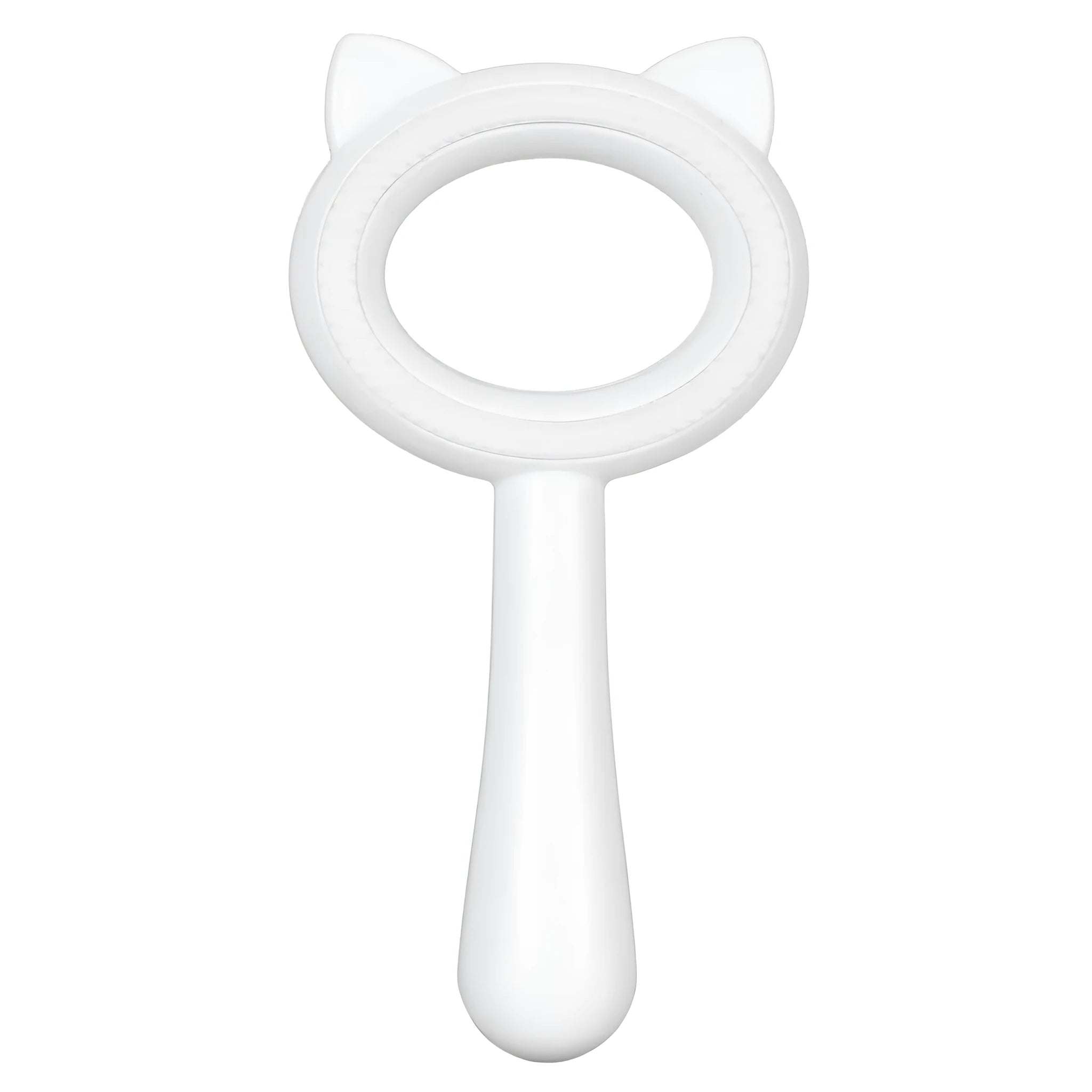 Double-sided pet grooming brush with ergonomic handle shown in blue and white colour options