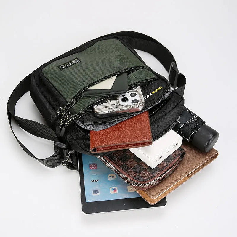 Men's nylon crossbody bag in green, black, dark blue, or grey colour with waterproof feature