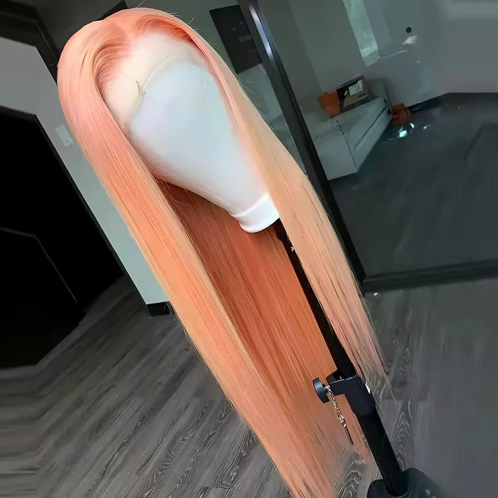 Light orange long straight synthetic wig with front lace hairline and side bangs