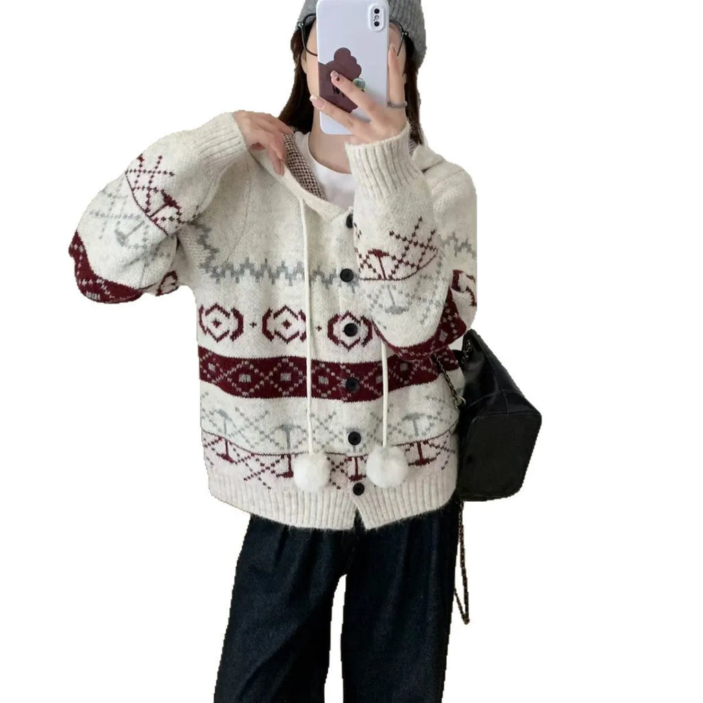 Grey geometric pattern brocade sweater coat for women, loose plus-size fit.