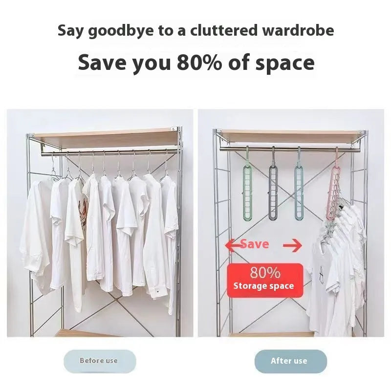 Multifunctional plastic nine-hole folding hanger for trousers, shown in beige, blue, green, pink, and grey colour options.