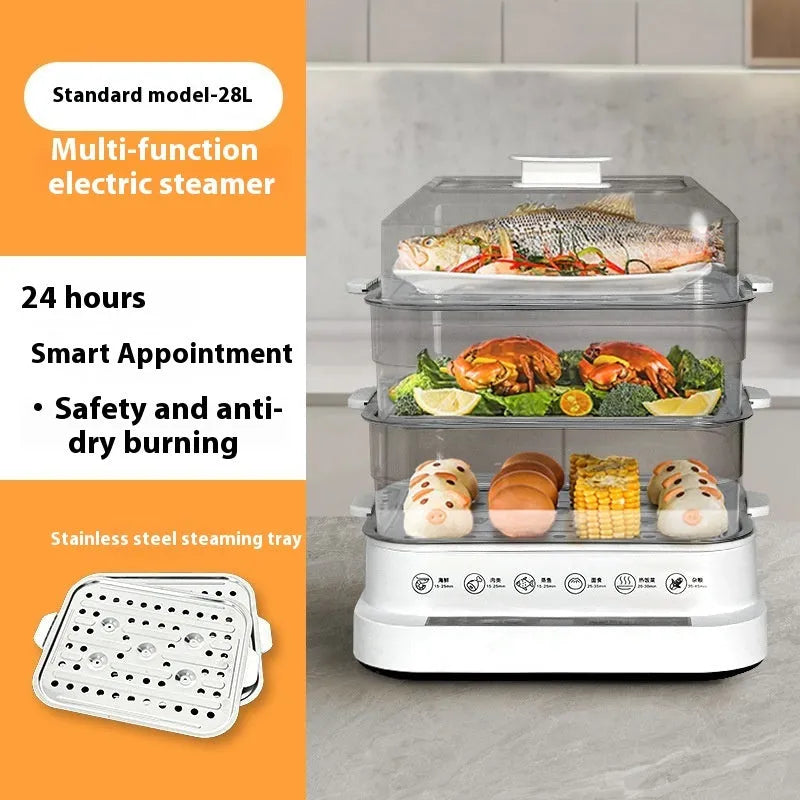 Stainless steel electric food steamer with 28 litre capacity and steaming rack