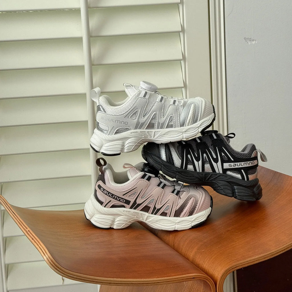 Girls casual shoes with PU leather mesh upper in black, beige or pink solid colour