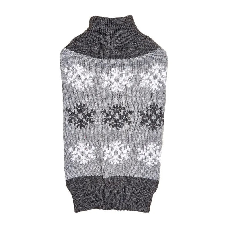 Dog wearing snowflake pattern Christmas sweater in grey and dark brown colours