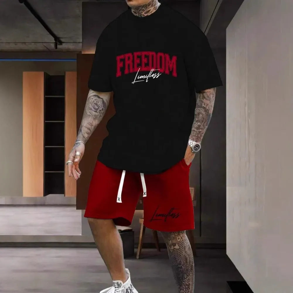 Men's 3D printed letter graphic sportswear set with short sleeve top and matching shorts