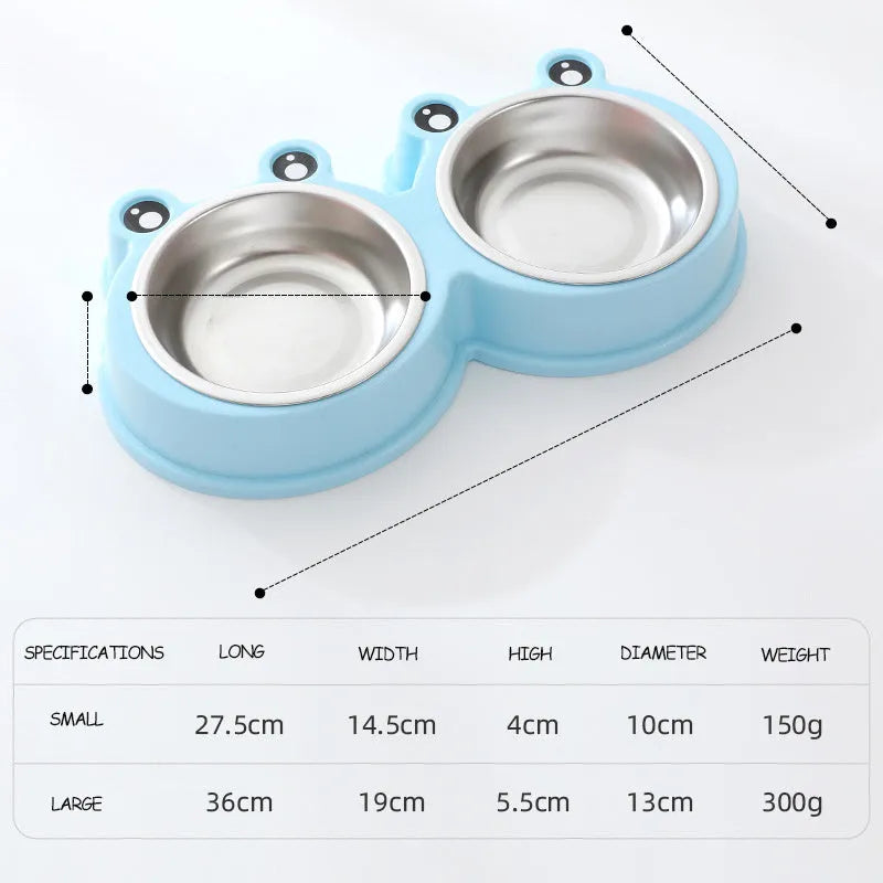 Stainless steel pet bowl with frog design and two compartments for food and water