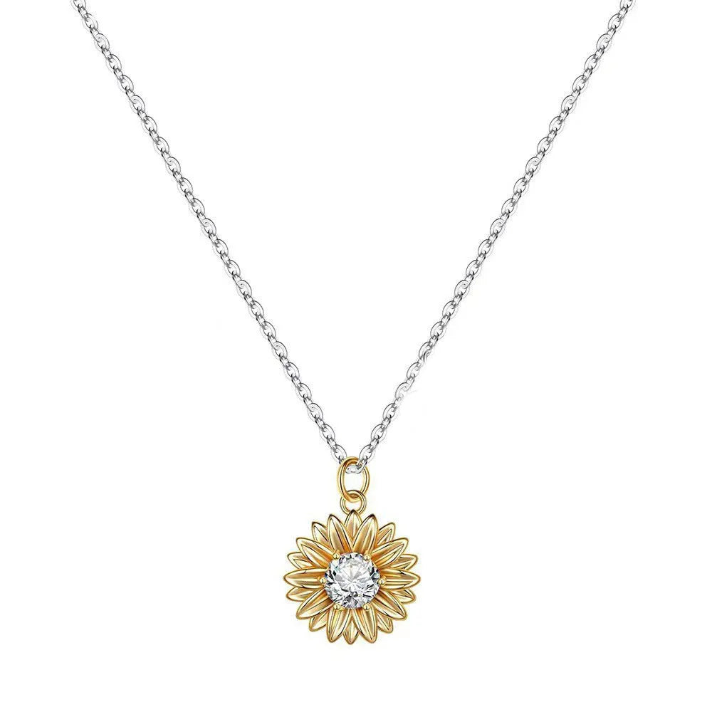 925 silver sunflower necklace with daisy petal pendant on adjustable cross chain, 21-50cm length