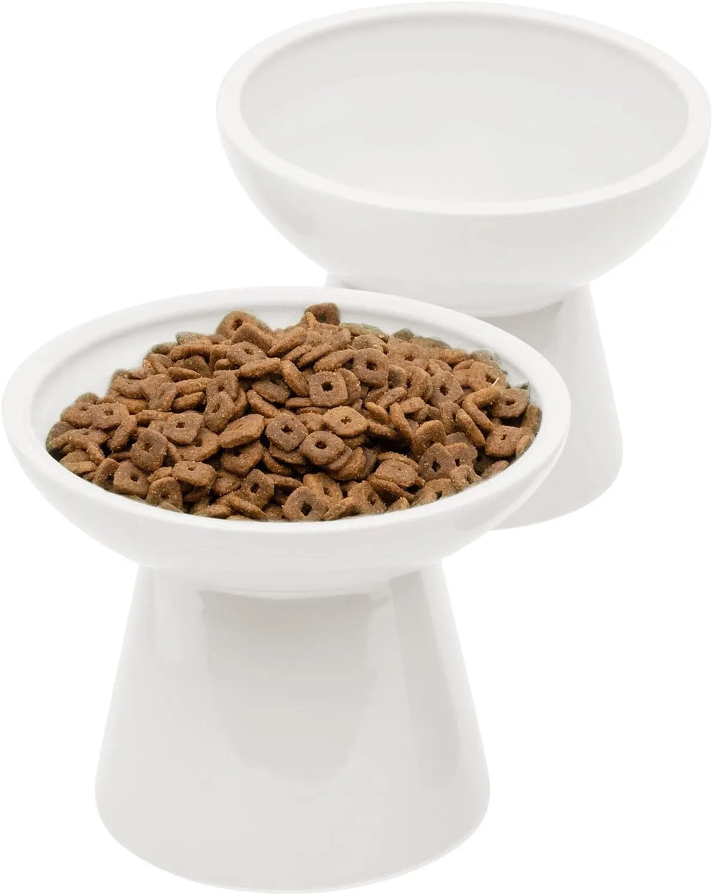 Blue wide ceramic elevated cat food bowl on a white background.