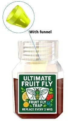 Bottle of SK003 fruit fly bait liquid with optional funnel for placement.