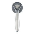 Grey self-cleaning pet slicker brush with massage-tipped bristles and a cleaning button on the handle