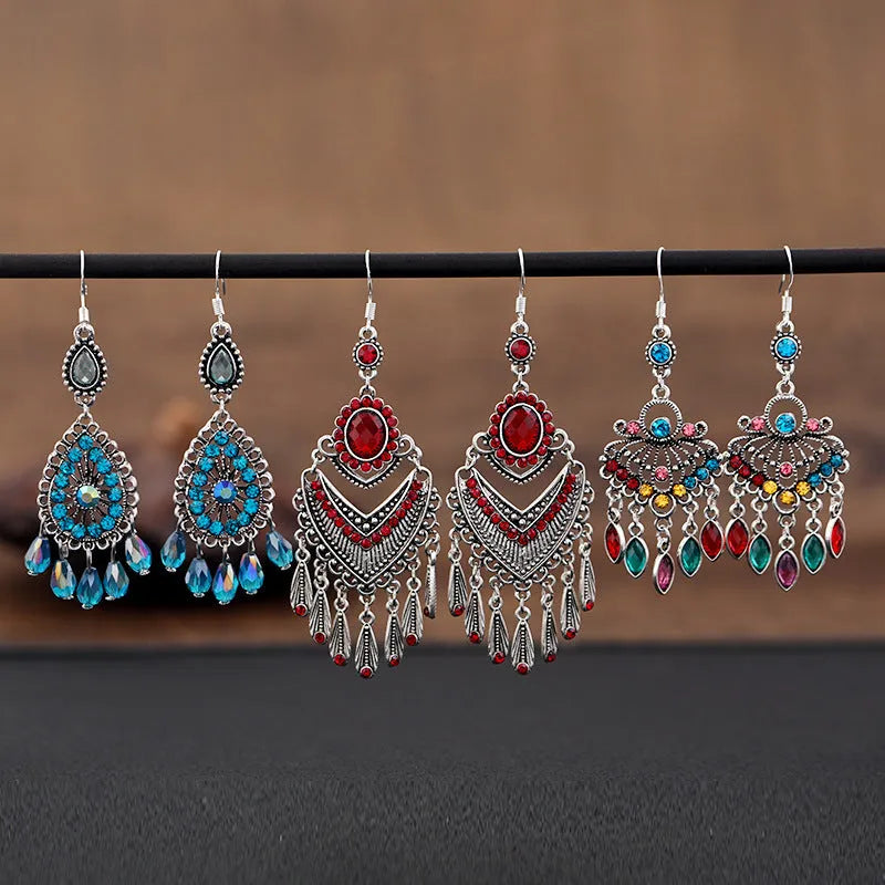 Smart water drop purple retro alloy earrings with long fringe in a drop shape