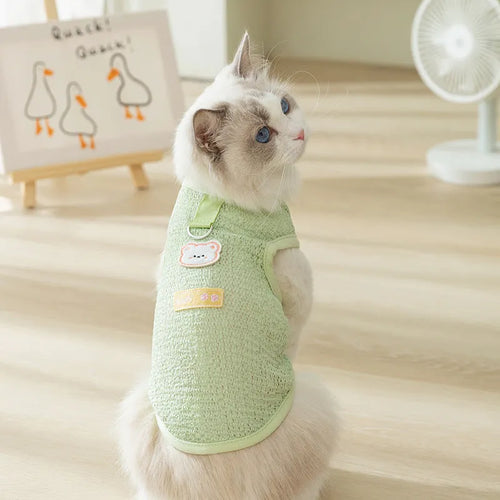 Cartoon bear patch cat clothes in knitted fabric with breathable hollowed-out design
