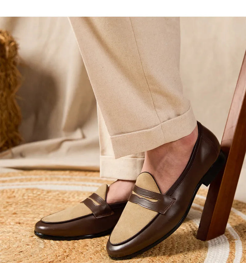 Coffee grey Belgian loafers with high-gloss suede leather uppers and rubber soles