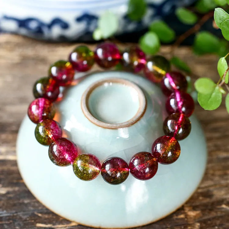 Handmade watermelon crystal bracelet for women showing bead detail, available in 6mm 8mm 10mm 12mm sizes.