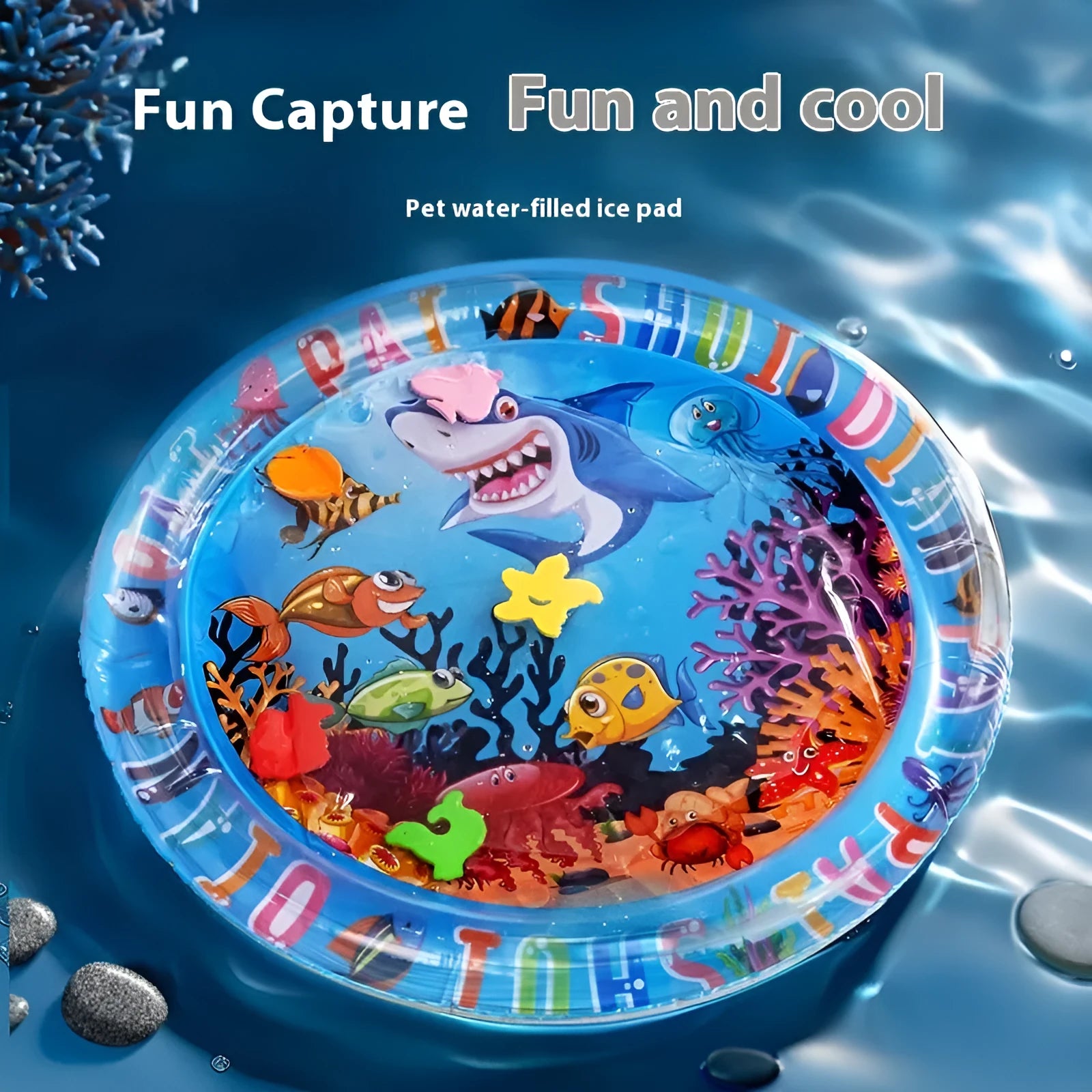 PVC inflatable water bed cooling mat for dogs and cats on a floor, showing dolphin design.