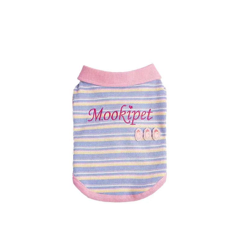 Pink purple autumn vest for a small dog or cat showing weight-based size tags from XXS to XXL.