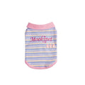 Pink purple autumn vest for a small dog or cat showing weight-based size tags from XXS to XXL.