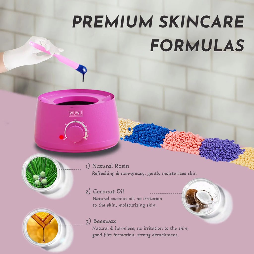 Professional waxing kit with five wax variants, warmer, tools and aftercare products