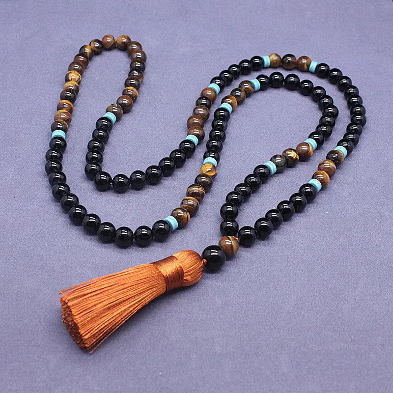 Black agate and tigereye bead bracelet and necklace set with tiger shape stone.