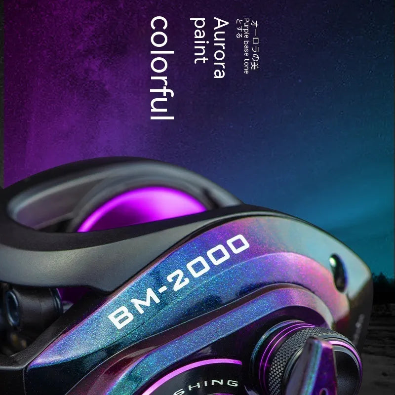 BM2000 fishing reel with water drop design, shown in left-hand and right-hand retrieve models.