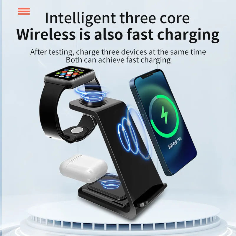 Black and white upright wireless phone charger with dual coil QC3.0 charging on desk