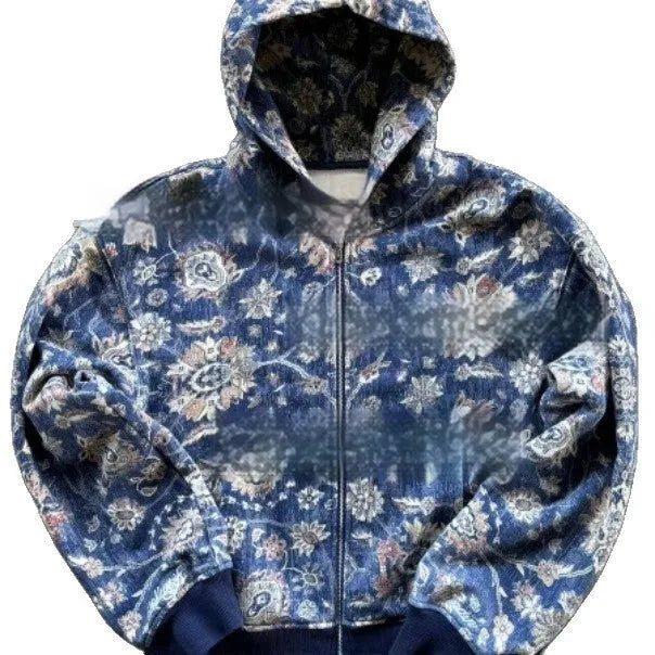Men's loose hooded coat in red with digital printing youth casual style for autumn leisure wear