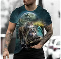 Man wearing a short-sleeved grey t-shirt with a retro 3D graphic print of a wild animal on the front.