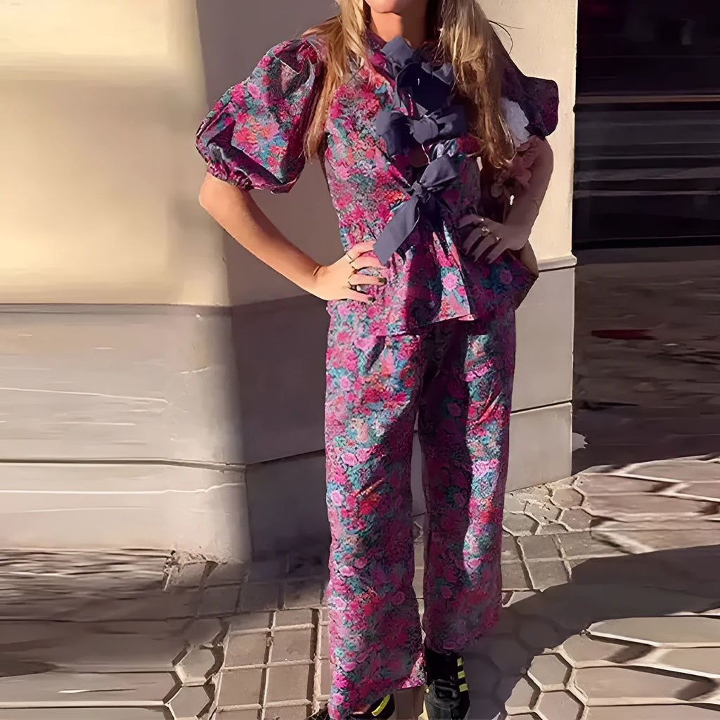 Women's floral printed tie-neck trousers suit with puff sleeves and straight-leg trousers