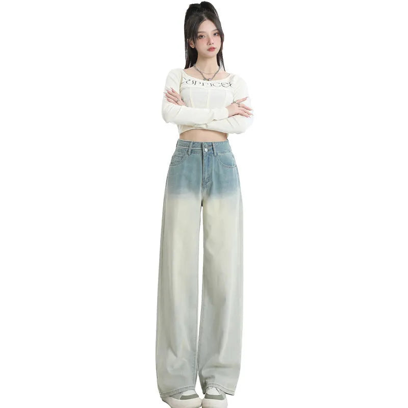 Gradient blue wide-leg straight-leg women's trousers in cotton denim fabric.