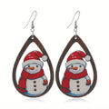 Wooden Christmas earrings with geometric shapes and printed Santa Claus designs