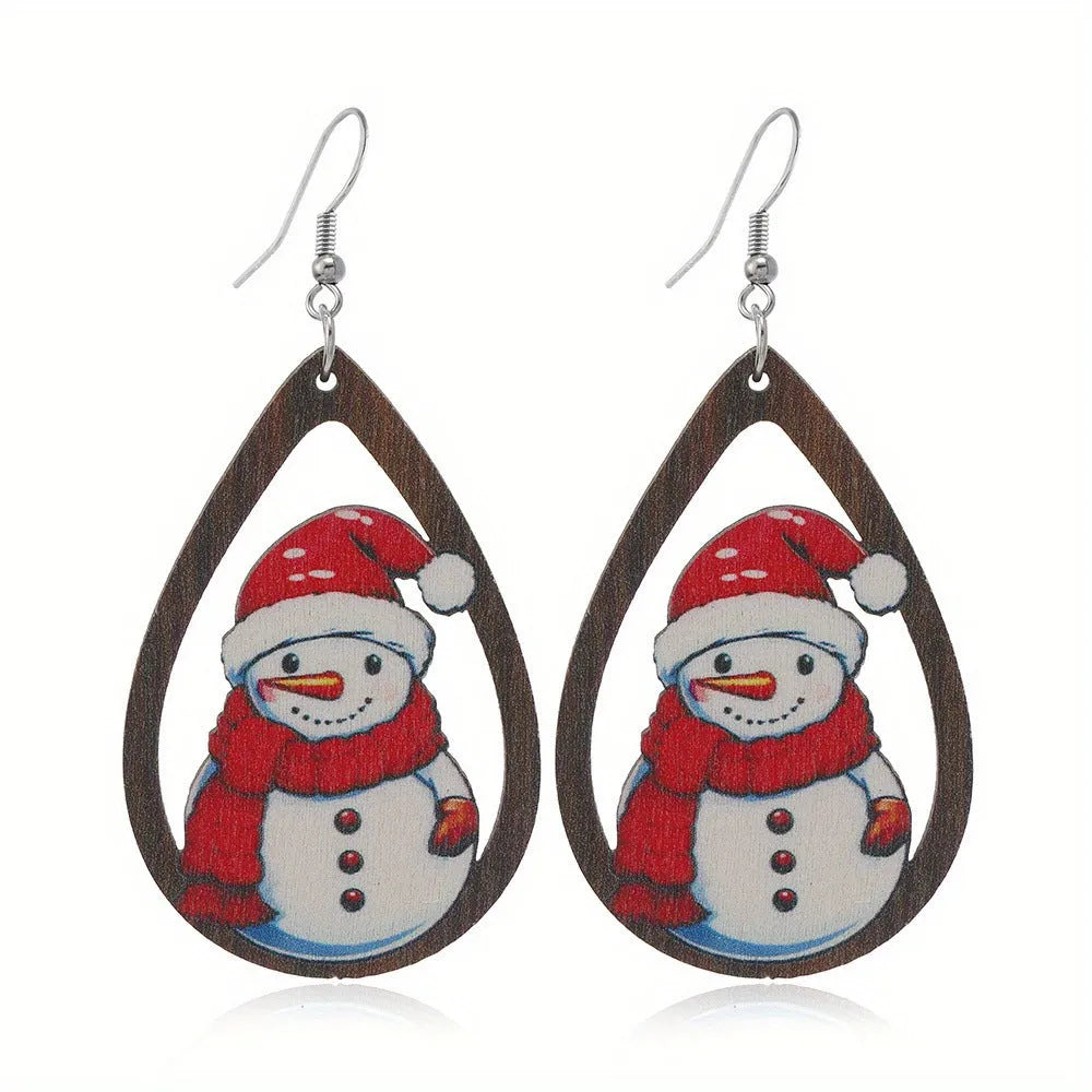 Wooden Christmas earrings with geometric shapes and printed Santa Claus designs