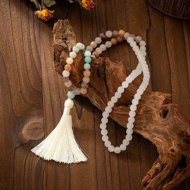 Vintage bohemian long beaded necklace and bracelet set in geometric ball chain design.