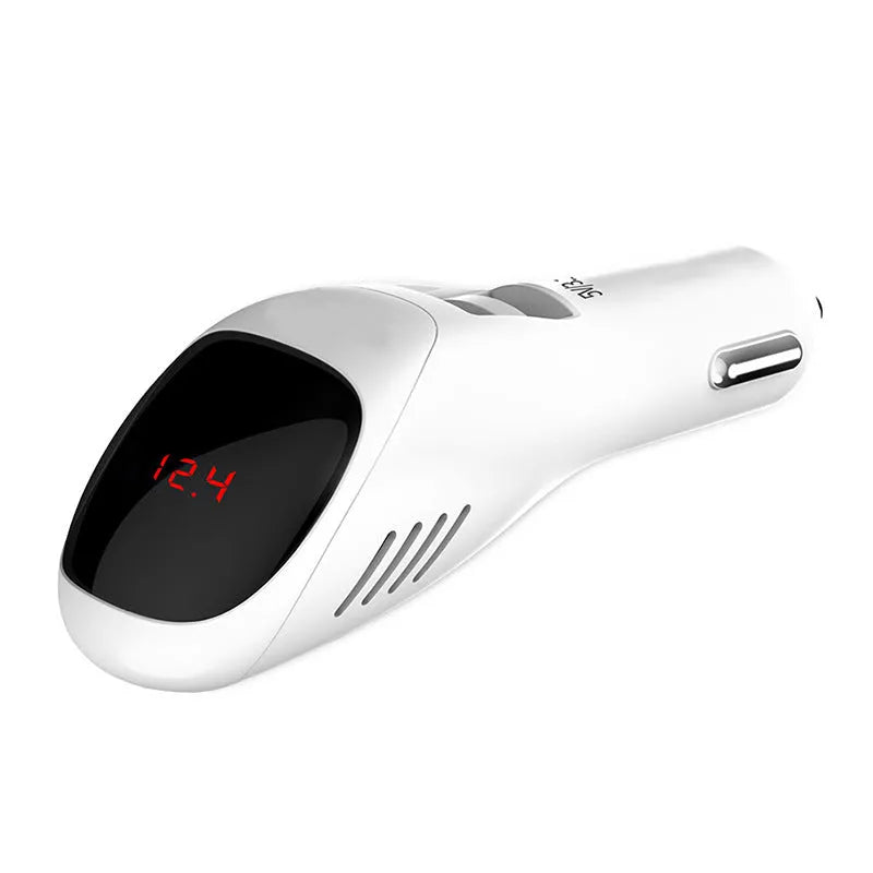 White car USB charger with integrated air purifier showing dual USB ports and compact 103mm design