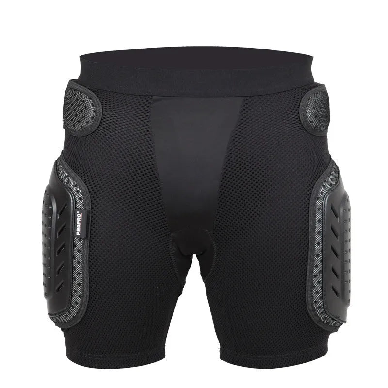 Black cycling hip protection pants with integrated impact-absorbing pads for mountain biking and BMX