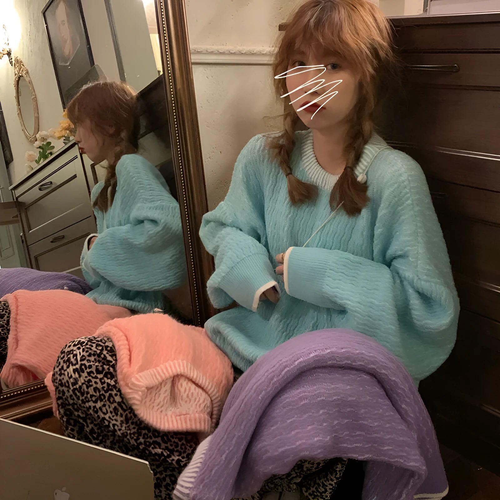 Women's loose polyester pullover sweater in lake blue, shown with regular sleeves and solid colour design.
