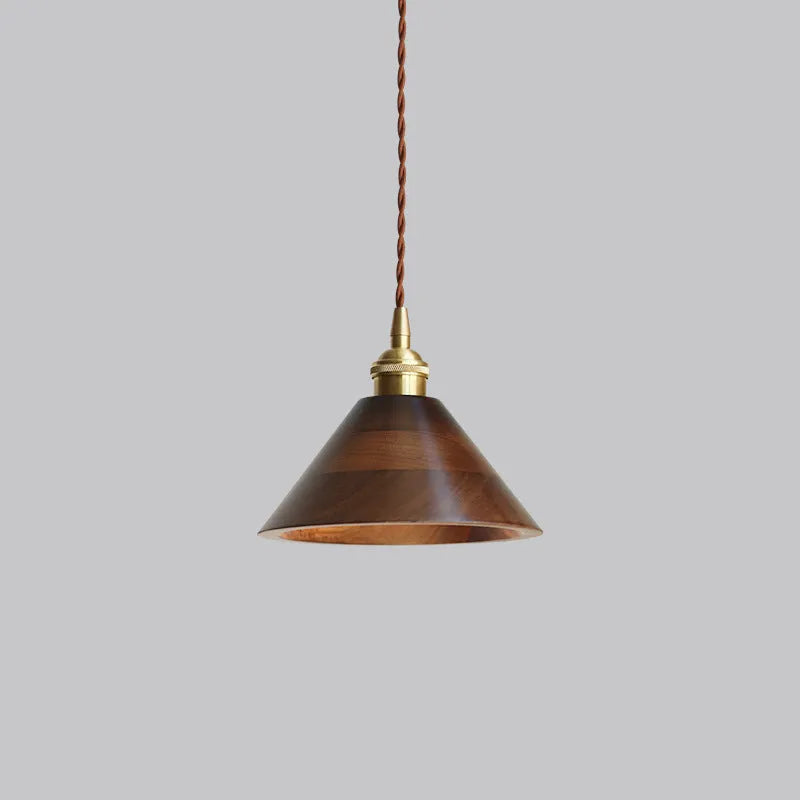 Single-head black walnut wood and copper metal droplight chandelier with an E27 lamp holder.